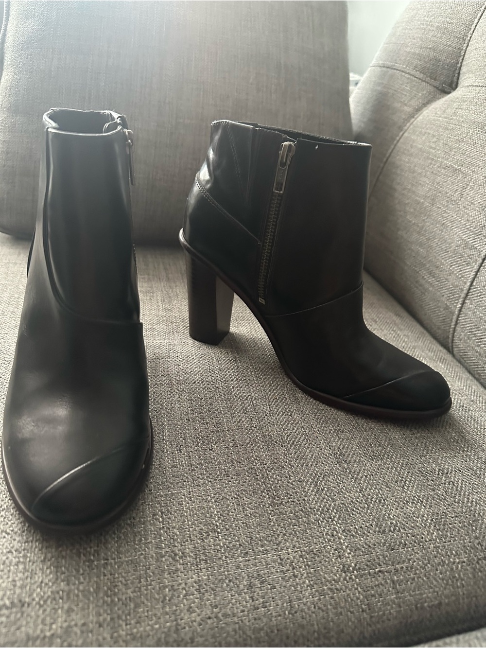 Tibi Black Leather Heeled Ankle Boots with Side Zip